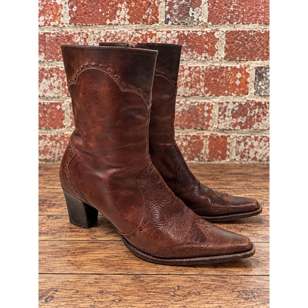Vintage Brown Leather Western Ankle Boots Pointed Toe 8.5M Boho Rustic Fall